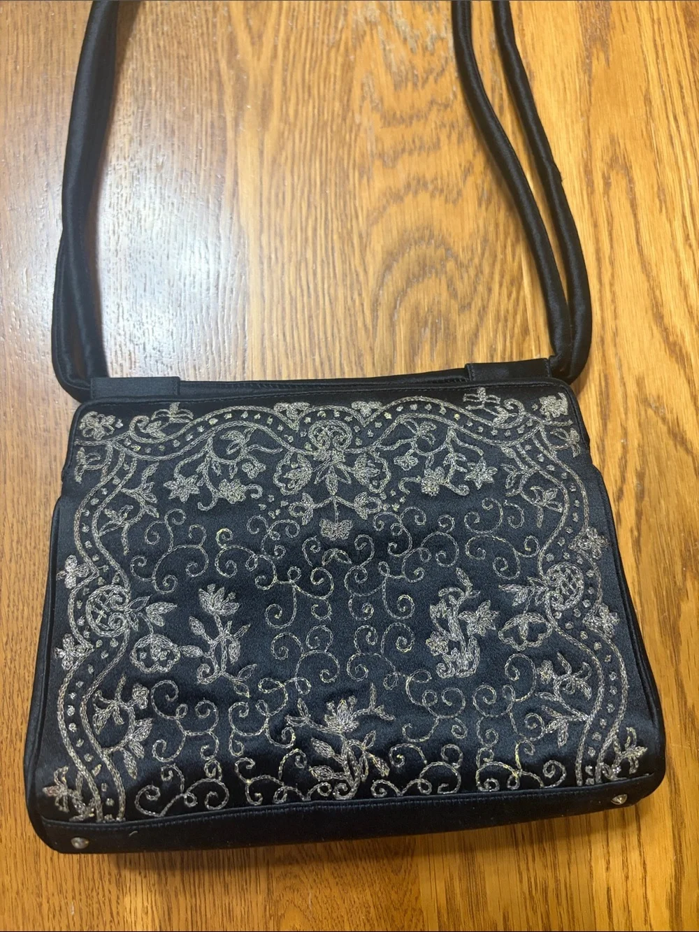 Michelle hatch New York black satin canopy embroidered handbag purse